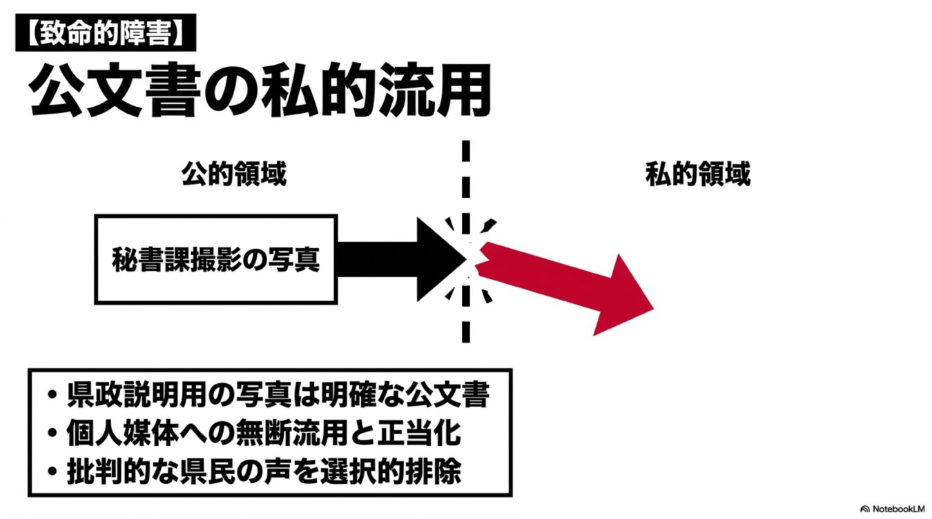 秘書課撮影の公的写真を個人媒体へ無断流用する公文書の私的流用という致命的障害を図解し、その問題点と批判の排除を指摘している。