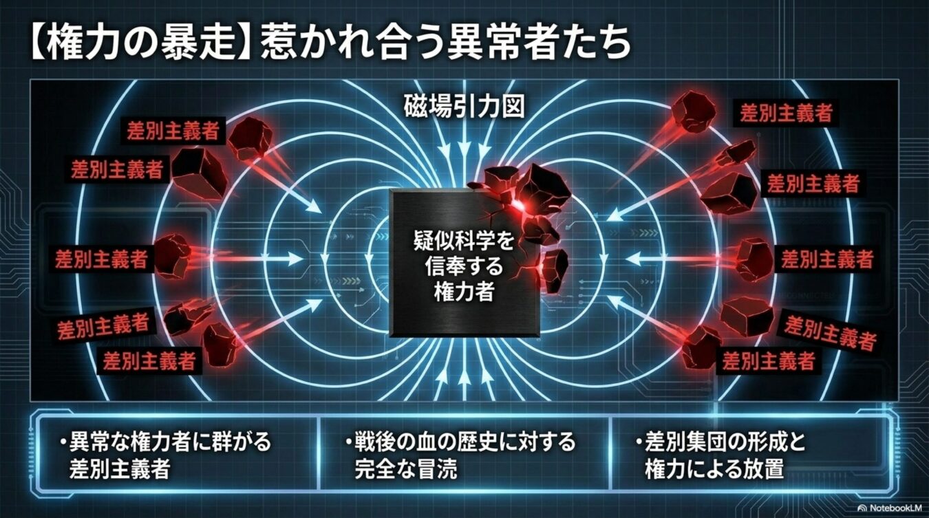 疑似科学を信奉する権力者を中心に差別主義者が磁場のように引き寄せられ、集結する様子を図解した概念図。