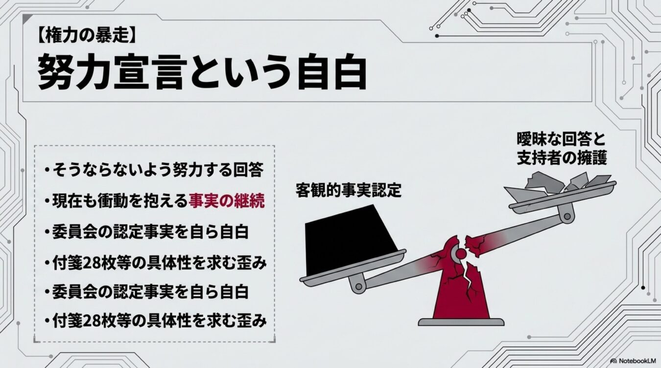 権力の暴走 努力宣言という自白という題名の下、客観的事実認定と曖昧な回答を比較する図解。努力宣言の危うさと、事実認定のバランスが崩壊している状況を示している。(59文字)