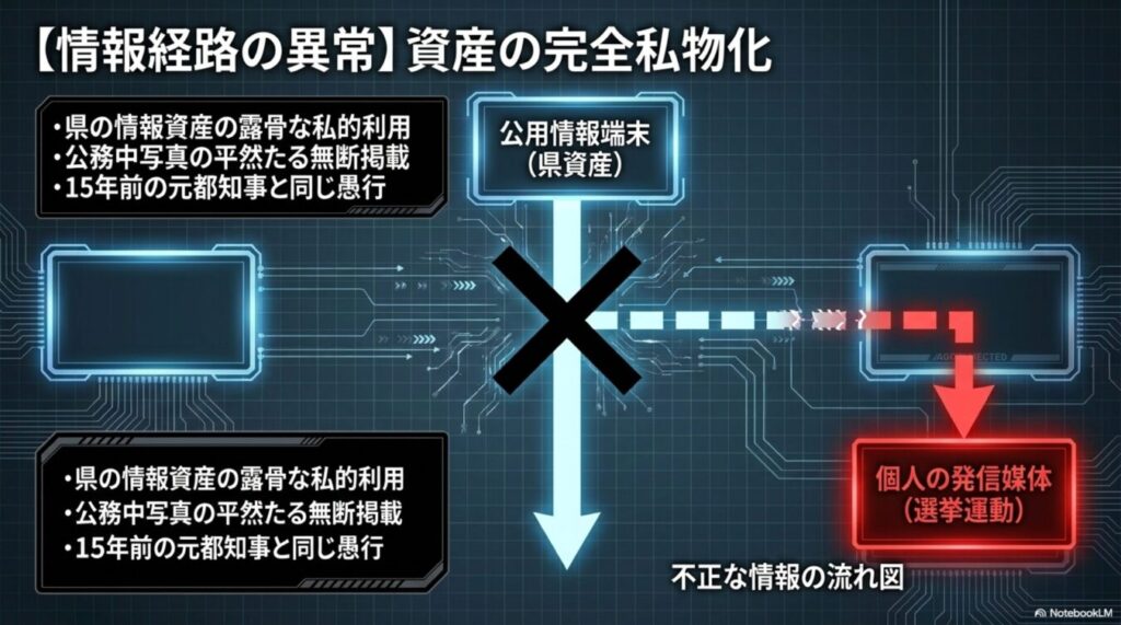 公用情報端末（県資産）から個人の選挙運動用媒体へ情報が不正に流出する経路を示した概念図。公的資産の私的利用に対する批判が記されている。