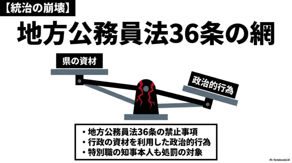 統治の崩壊をテーマに、地方公務員法36条が禁じる県の資材を利用した政治的行為を天秤の図解で示し、特別職の知事も処罰対象であることを解説した図。