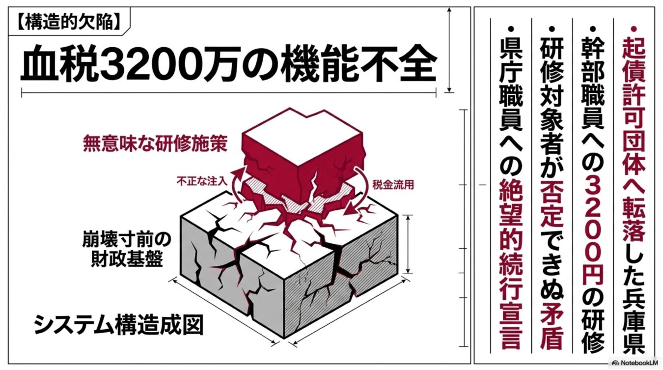 崩壊する財政基盤と3200万円の研修費流用を描いた図。兵庫県における幹部研修の矛盾と機能不全を告発する内容。(58文字)