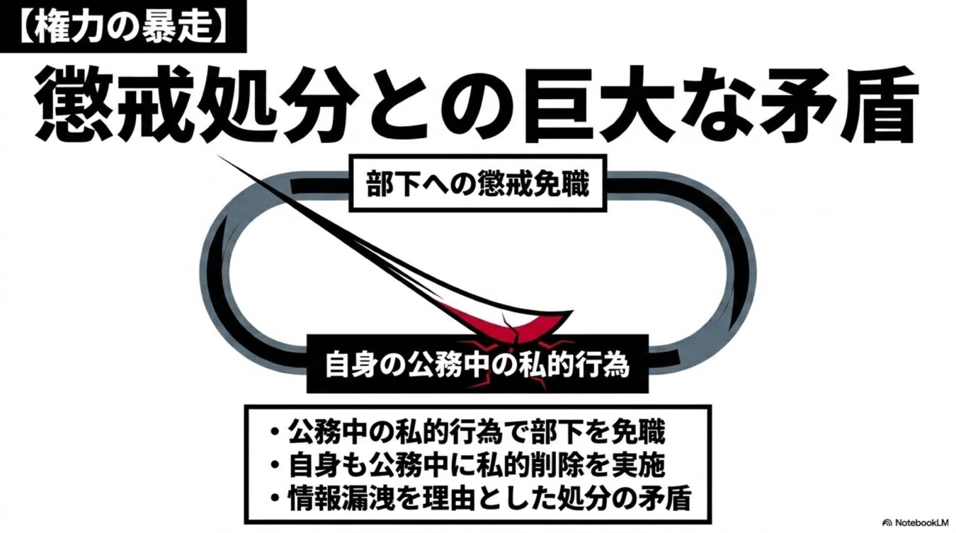 権力の暴走と懲戒処分の矛盾を示す図。公務中の私的行為で部下を免職しながら自身も同様の行為を行っている現状と、その処分の矛盾を指摘する内容。