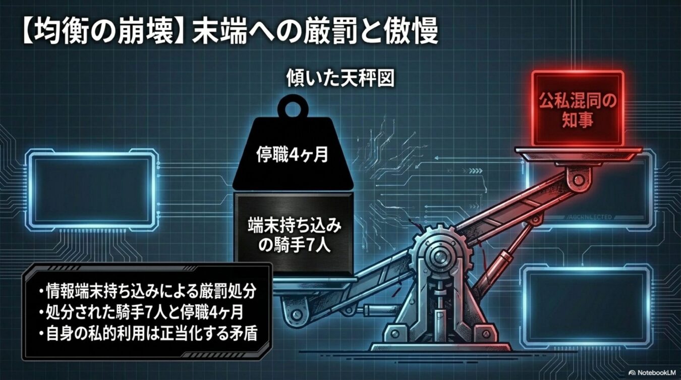 端末を持ち込んだ騎手7人への停職処分と、公私混同を正当化する知事の姿勢を対比させた天秤図。（50文字）