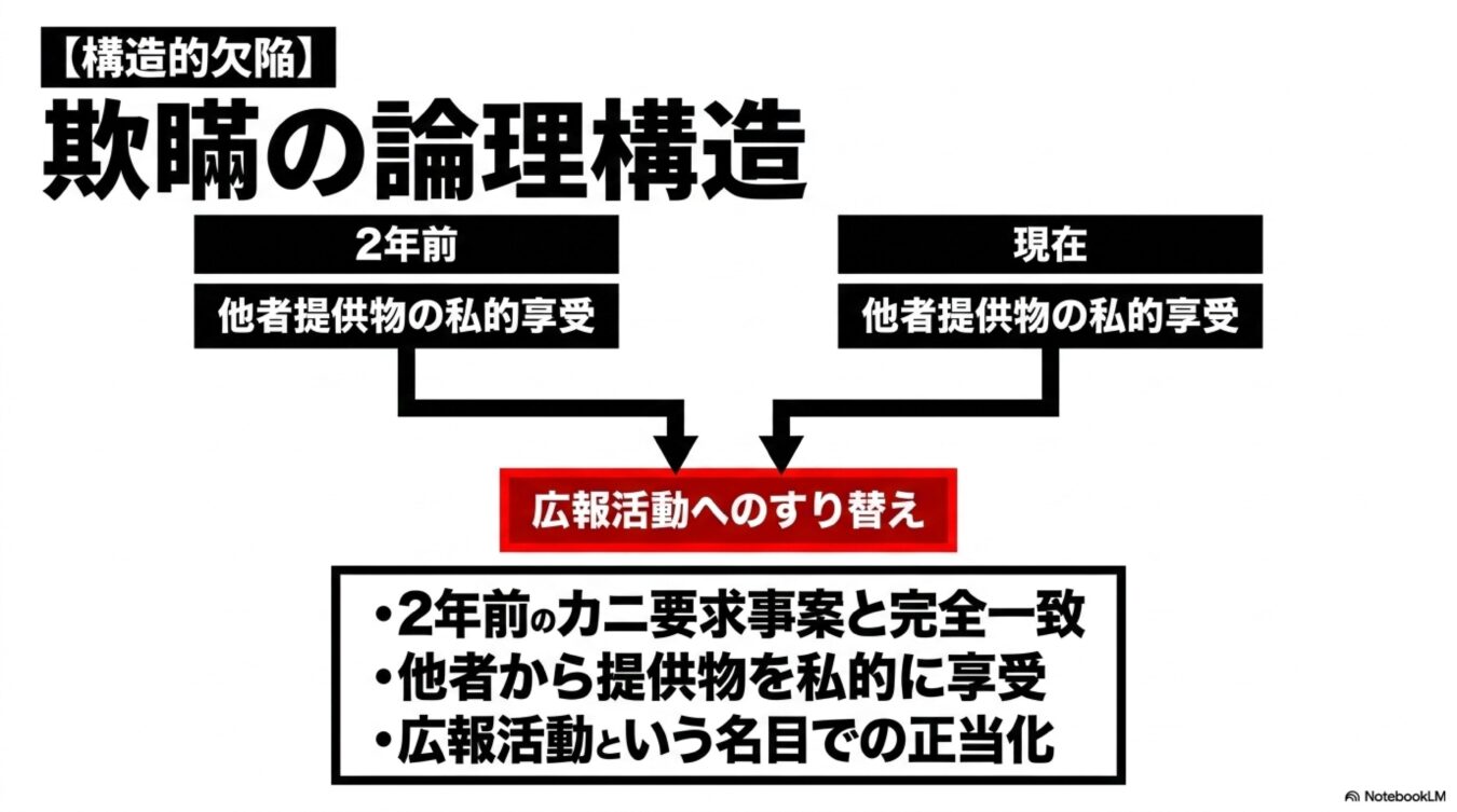 構造的欠陥:欺瞞の論理構造と題し、2年前と現在の他者提供物の私的享受が広報活動へのすり替えによって正当化される論理の矛盾を指摘する図解。