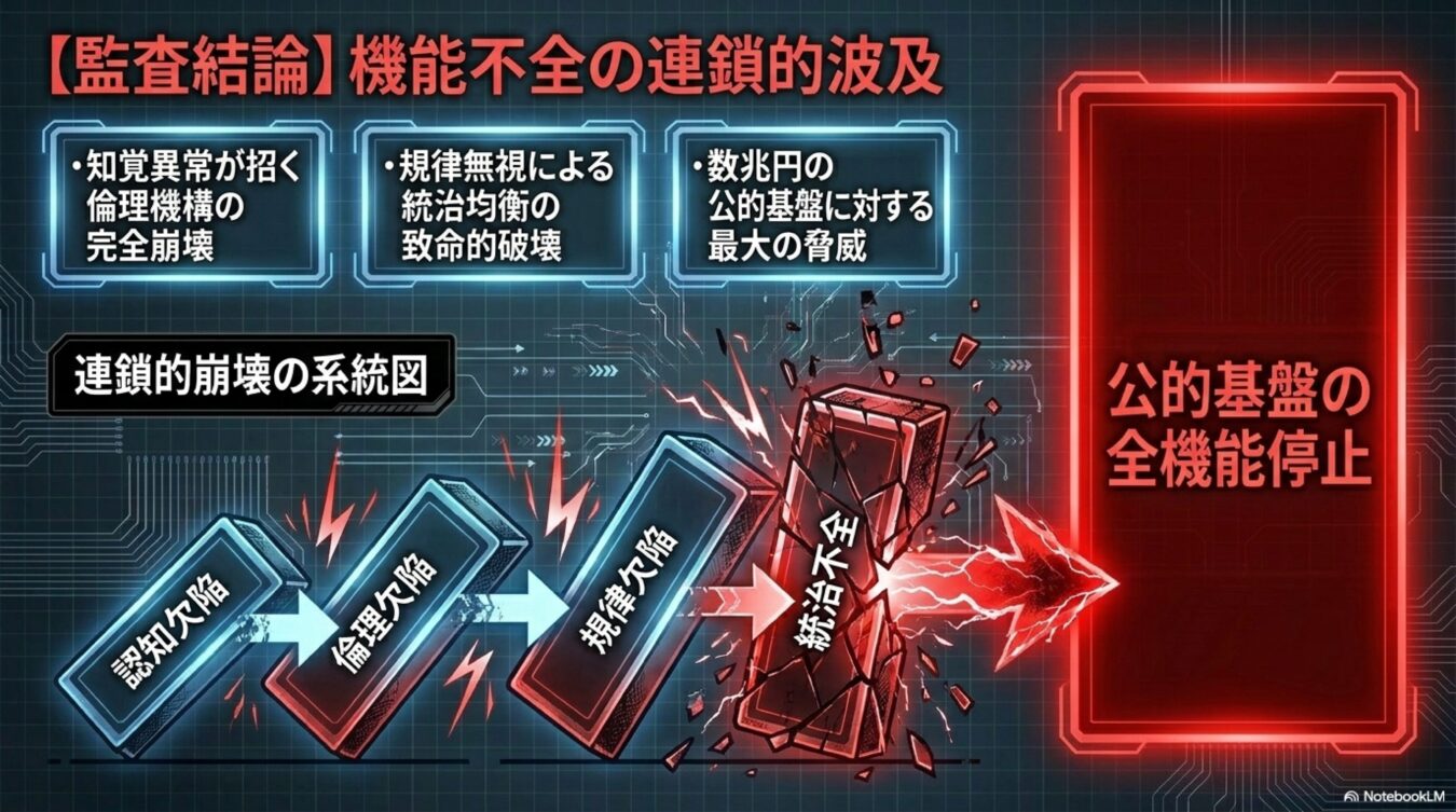 認知欠陥から始まる機能不全が連鎖し、統治の崩壊を経て公的基盤が全機能停止に至る過程を示した系統図。