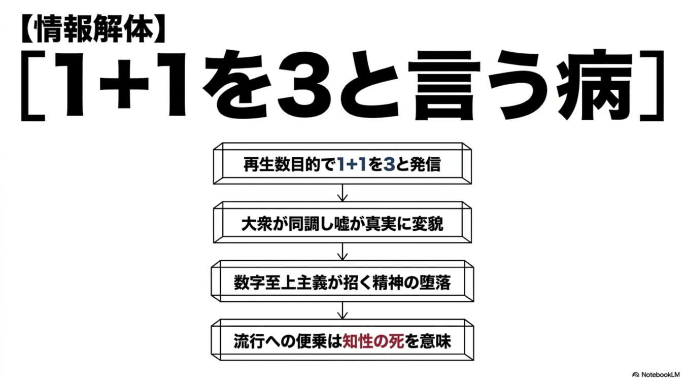 情報解体：1＋1を3と言う病というタイトルの図。再生数目的の誤情報が大衆の同調で真実化し、数字至上主義が知性の堕落と死を招くまでのプロセスを順を追って解説している。