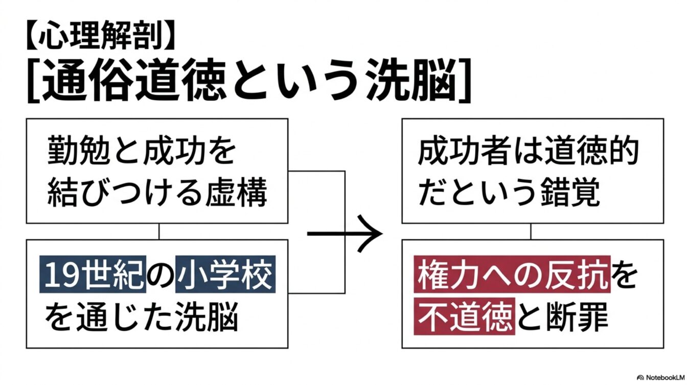 通俗道徳による洗脳の仕組みを示す図解。勤勉と成功の結びつけや、権力への反抗を不道徳とする19世紀学校教育の思想的構造を解説。