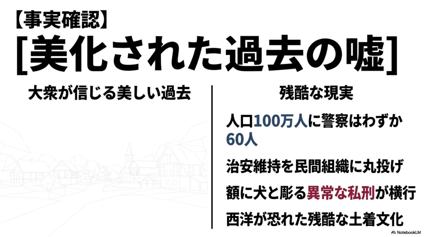 美化された過去のイメージと、警察不足や異常な私刑が横行していた残酷な現実を対比して解説する図解。