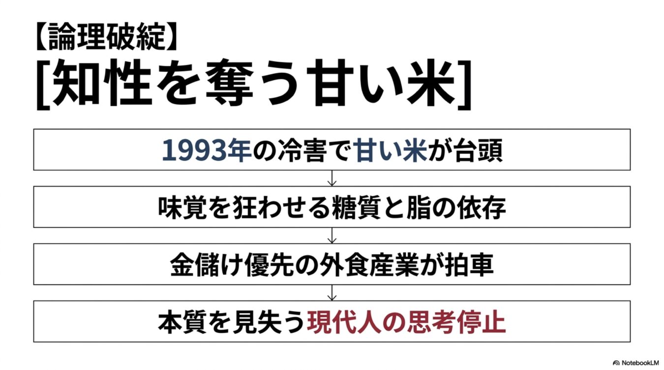 1993年の冷害以降、甘い米の台頭から外食産業の戦略、現代人の思考停止に至る因果関係を示した概念図。