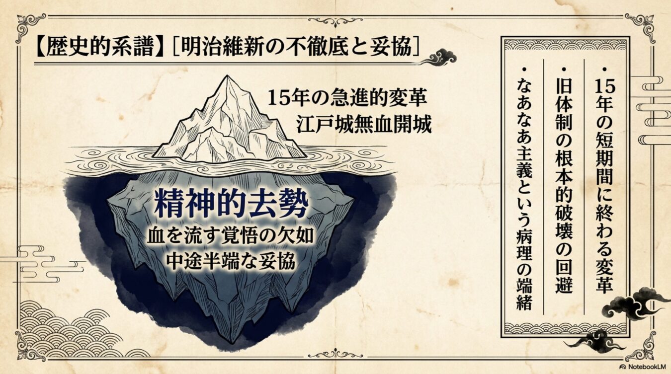 明治維新の不徹底と妥協を氷山の一角になぞらえ、表面的な急進的変革と、その下に潜む精神的去勢や妥協といった本質的な問題を解説する図解。