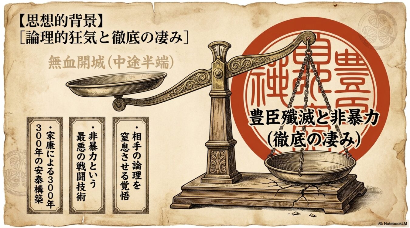 思想的背景:論理的狂気と徹底の凄みと題し、豊臣殲滅と非暴力という対極的な概念を天秤で比較し、徳川家康による300年の安泰構築の論理を解説した図解。