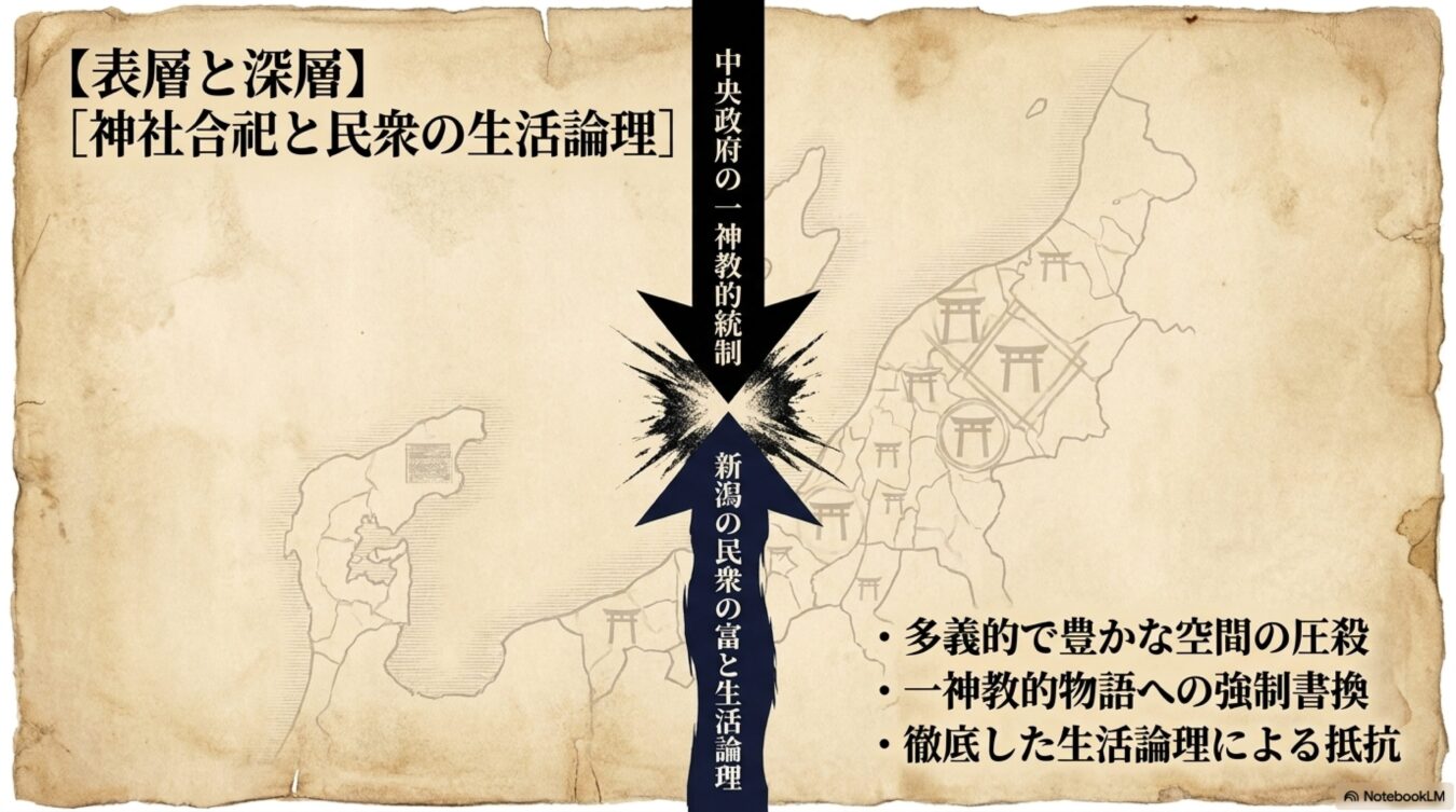 神社合祀による中央政府の一神教的統制と、それに対抗する民衆の生活論理という二項対立を、新潟の地図を背景に概念化した図解。