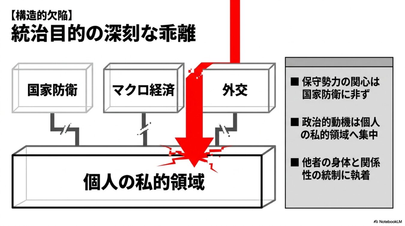 国家防衛や外交などの公的課題から統治目的が乖離し、個人の私的領域の統制に集中する現状を批判的に示した図解。