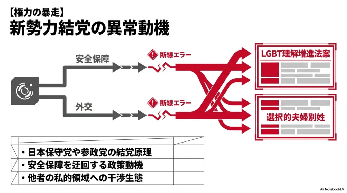 新勢力が安全保障や外交を迂回し、LGBT理解増進法案や選択的夫婦別姓など私的領域へ干渉する様子を示す解説図。