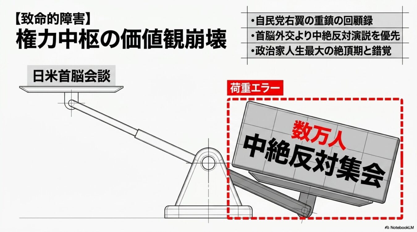 日米首脳会談より中絶反対集会を優先する政治状況を、天秤が傾き荷重エラーを示す図解で表現した批判的な政治風刺画像。
