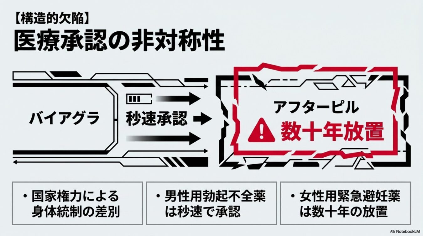 バイアグラは秒速で承認される一方、アフターピルは何十年も放置されるという医療承認の非対称性と構造的欠陥を示す図解。
