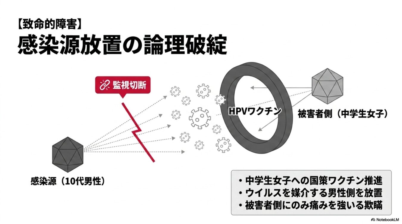 感染源である10代男性を放置し、女子中学生へのワクチン接種のみを推進する国策の論理的矛盾を指摘した図解。