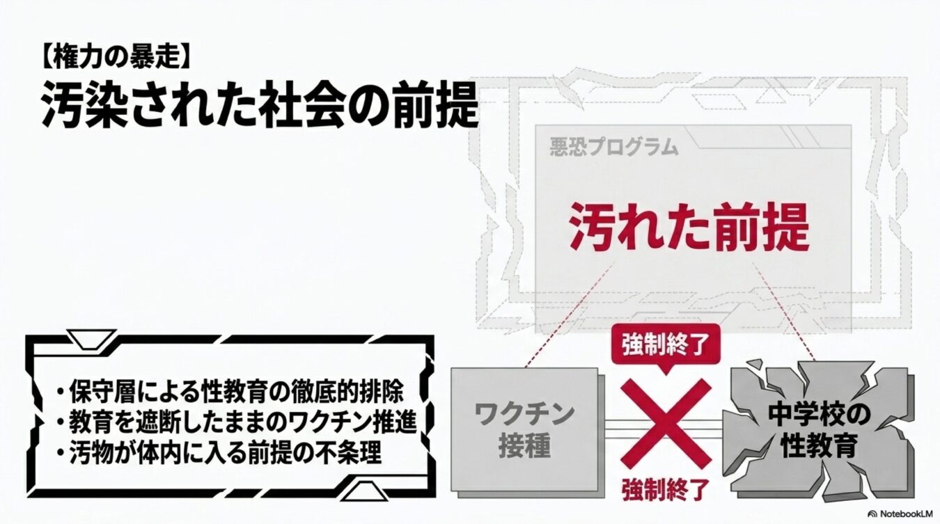 権力の暴走による社会の歪みを批判する図。ワクチン推進と性教育の強制終了という対立構造を示し、その前提にある不条理を指摘している。