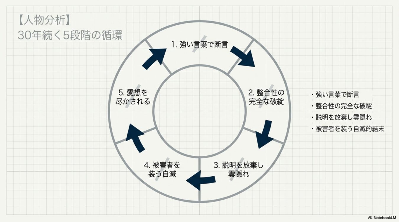 断言から愛想を尽かされるまでの5段階の循環を示す人物分析図。強い言葉での断言、整合性の破綻、雲隠れ、自滅、愛想を尽かされるというプロセスを円環状に表している。