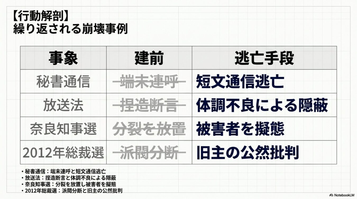 政治的・社会的な事象における建前と逃亡手段を対比させ、繰り返される崩壊のパターンを分析した図表。