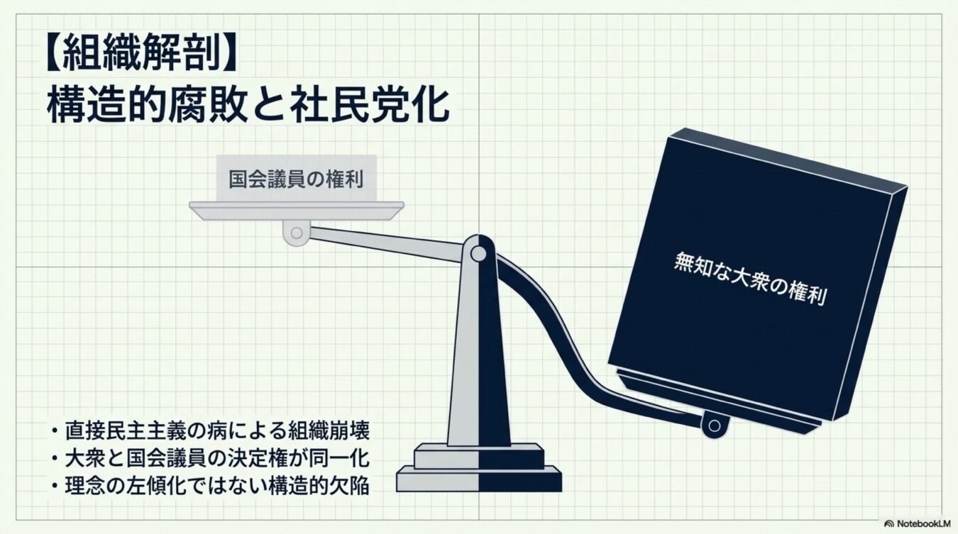 天秤で国会議員と大衆の権利を対比させ、組織の構造的欠陥と民主主義の病理を批判的に解説した図解。（52文字）