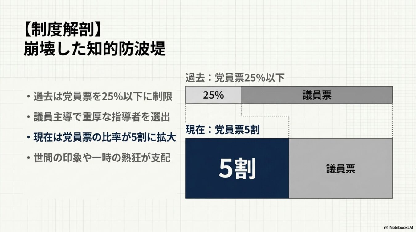 党員票の比率が過去の25%以下から現在5割へ拡大したことを示し、議員主導から世論重視へと変容した制度解剖の比較図。