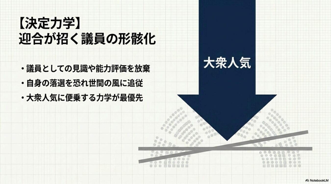 迎合が招く議員の形骸化を解説する図解。議員が見識を放棄し、大衆人気に便乗する力学が議会の機能を低下させる様子を、下向きの矢印と議場を模した図形で示している。