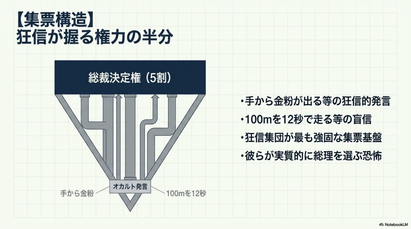 狂信的な集団が盲信を基盤として集票を行い、総裁決定権の半分を実質的に掌握している現状を示す図解。（54文字）