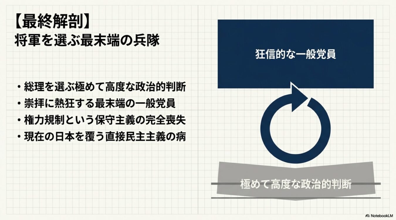 最終解剖として、狂信的な一般党員による極めて高度な政治的判断が、日本の直接民主主義の病理として循環している様子を解説する図解。