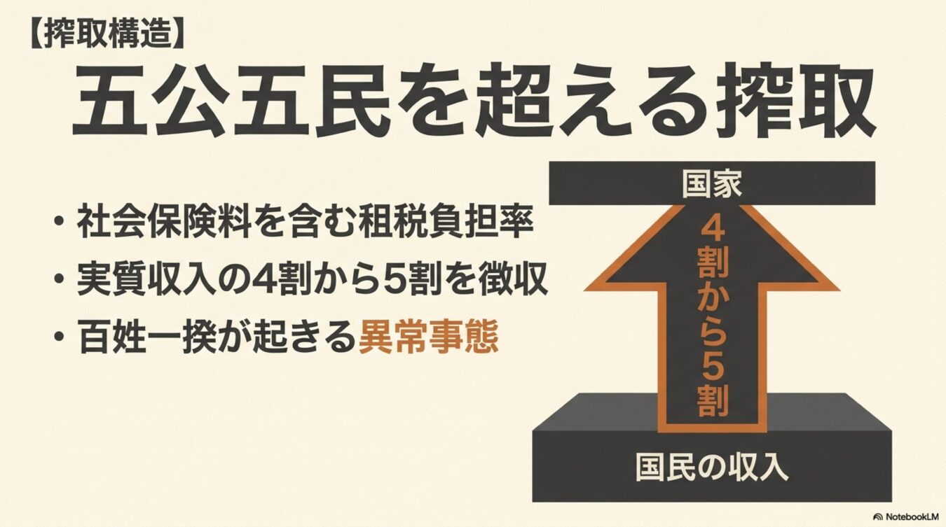 社会保険料を含む国民の負担率が4割から5割に達する五公五民を超える徴収構造と、それが異常事態であることを示す図解。