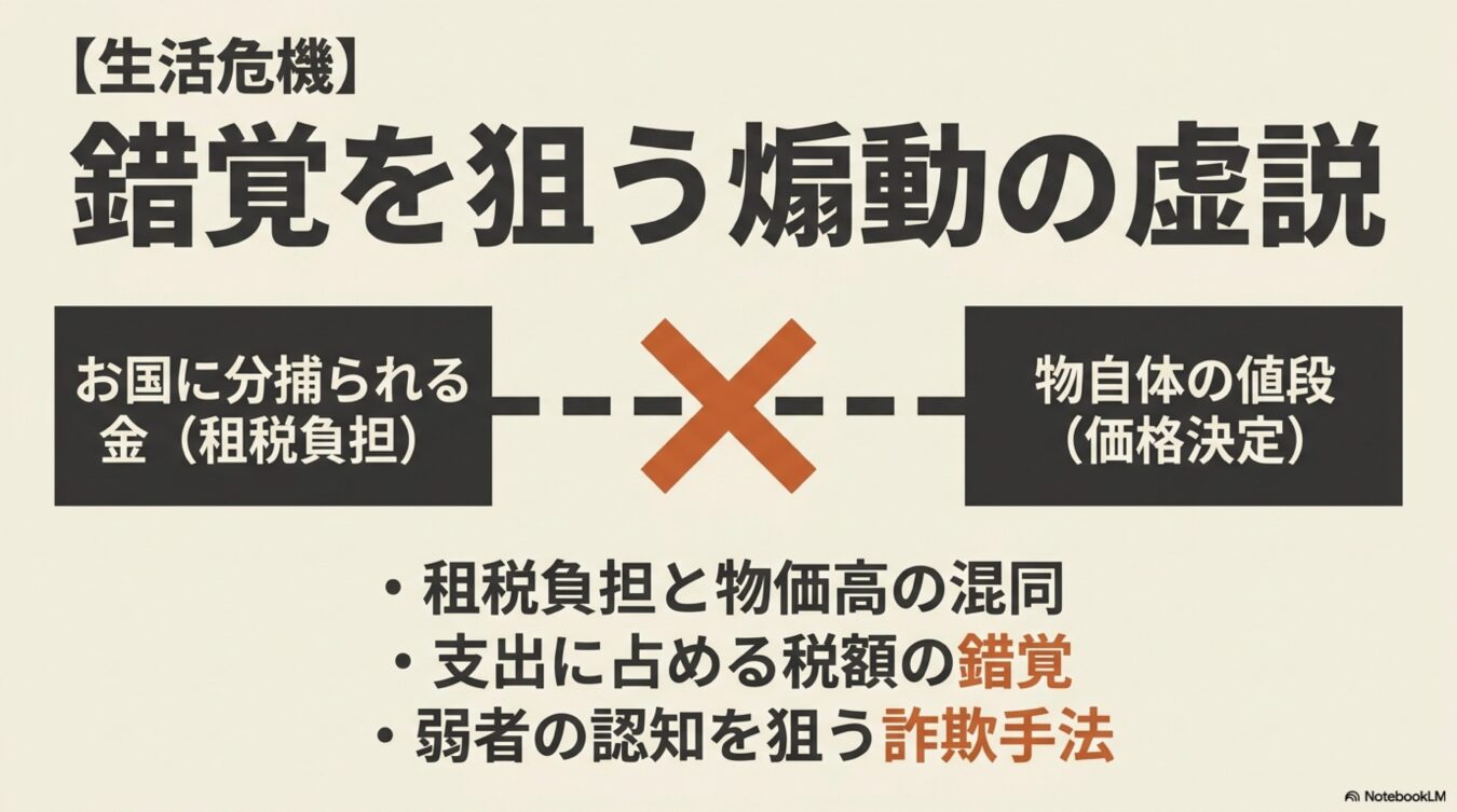 租税負担と物価高を混同させる世間の虚説に対し、両者は無関係であることを示し、弱者の認知を狙う詐欺的な手法を批判する図解。