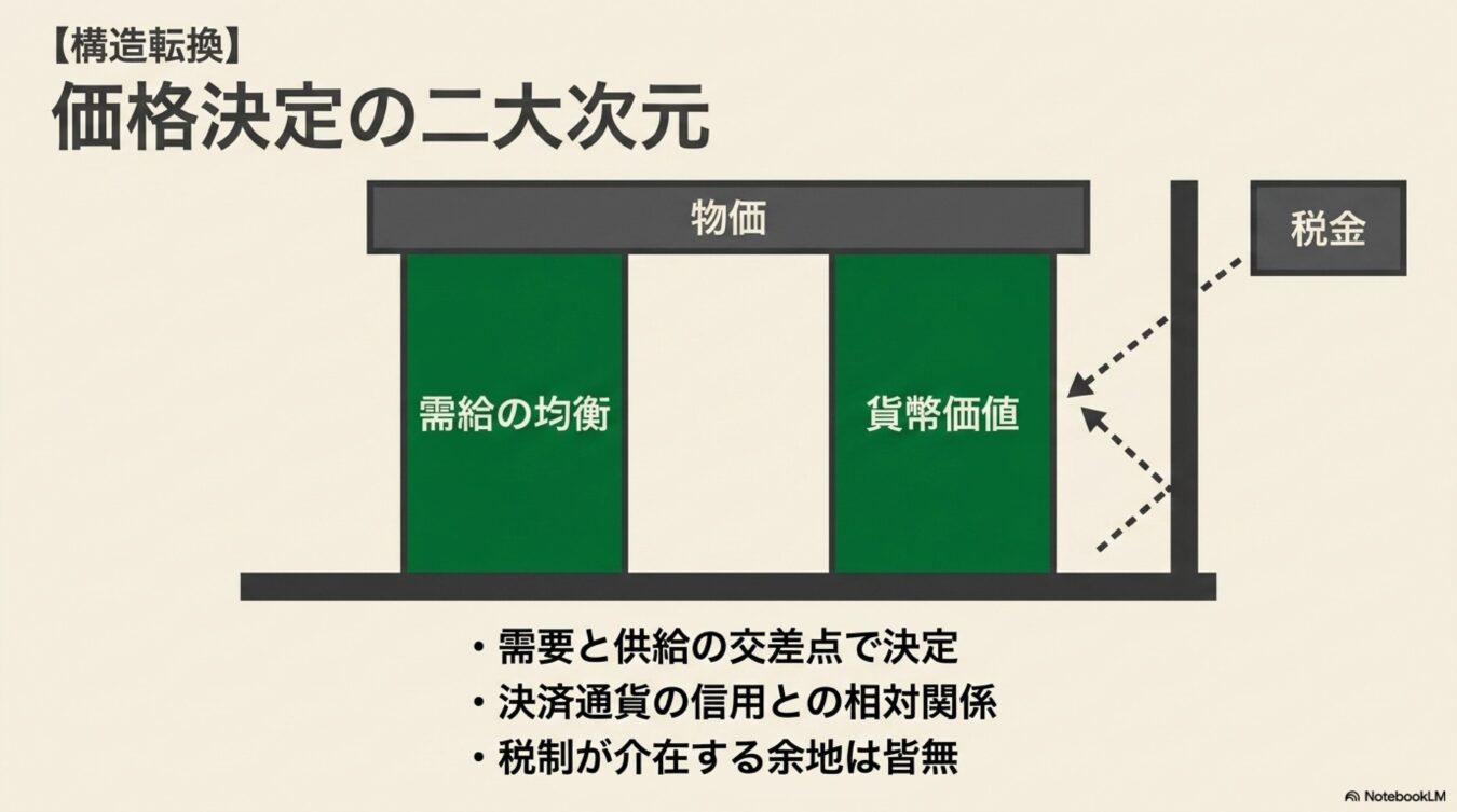価格決定の二大次元として需給の均衡と貨幣価値が物価を支え、税制が介在しない構造を示す図解。需要と供給の交差点や通貨の信用が物価に影響することを説明している。