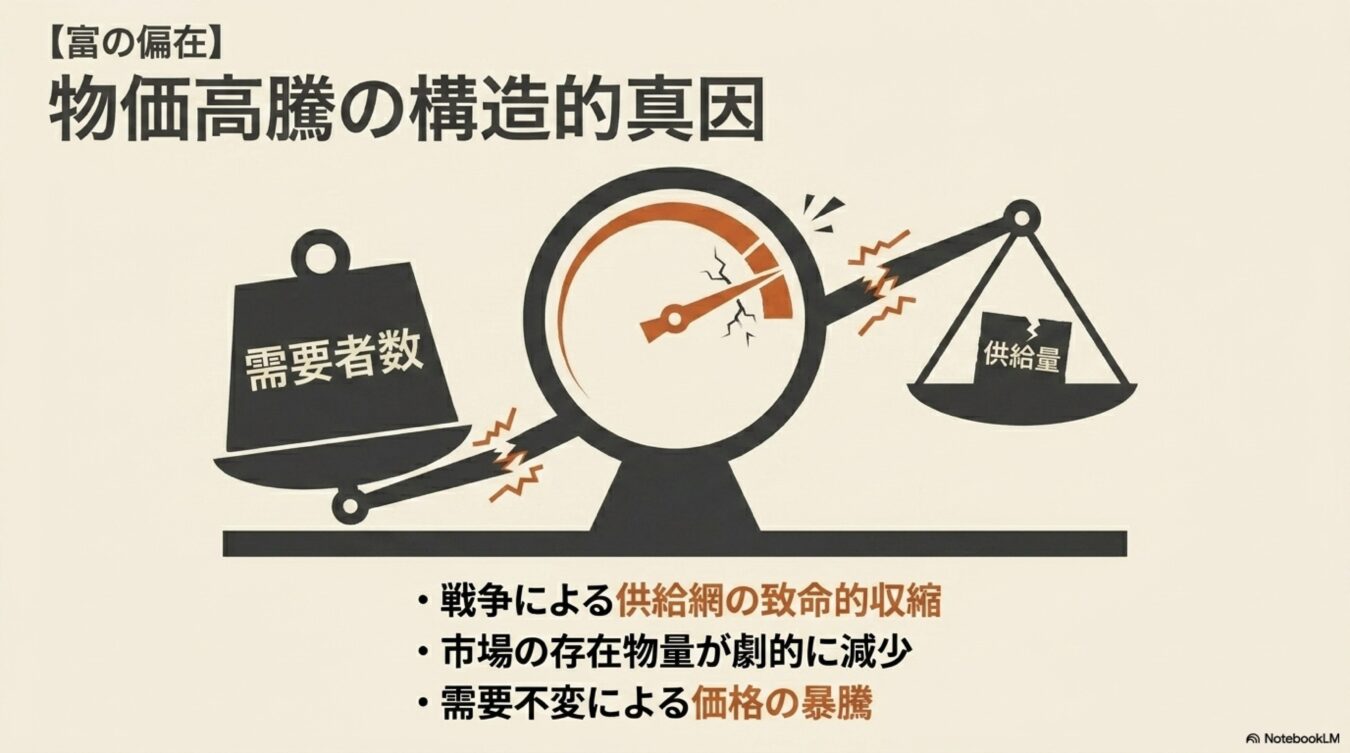物価高騰の構造的真因を示す図解。需要者数が供給量を上回る天秤のイラストと、戦争による供給網収縮や供給量減少が価格暴騰を招く要因を解説している。