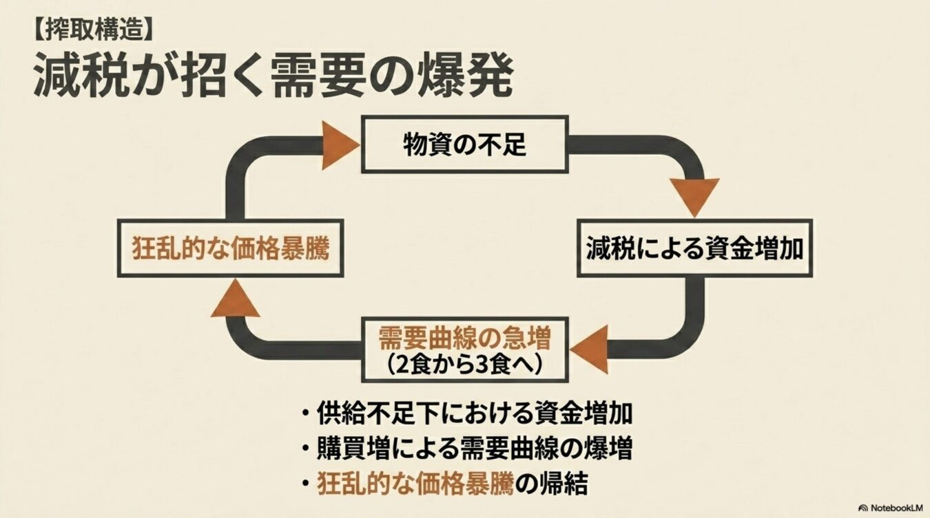 減税による資金増加が需要を急増させ、物資不足と狂乱的な価格暴騰を招く搾取構造の循環図。
