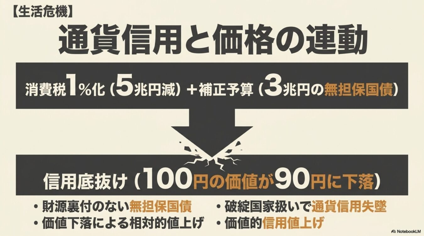 消費税減税や無担保国債発行による通貨信用と価格の連動図。通貨価値の低下が招く経済危機やインフレの仕組みを示している。
