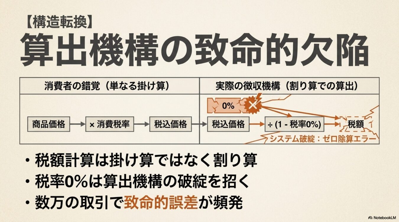 構造転換による算出機構の致命的欠陥を示した図。税額計算を掛け算と捉える誤解と、割り算を用いる実際のシステムにおいて税率0％がゼロ除算エラーを引き起こす仕組みを解説している。