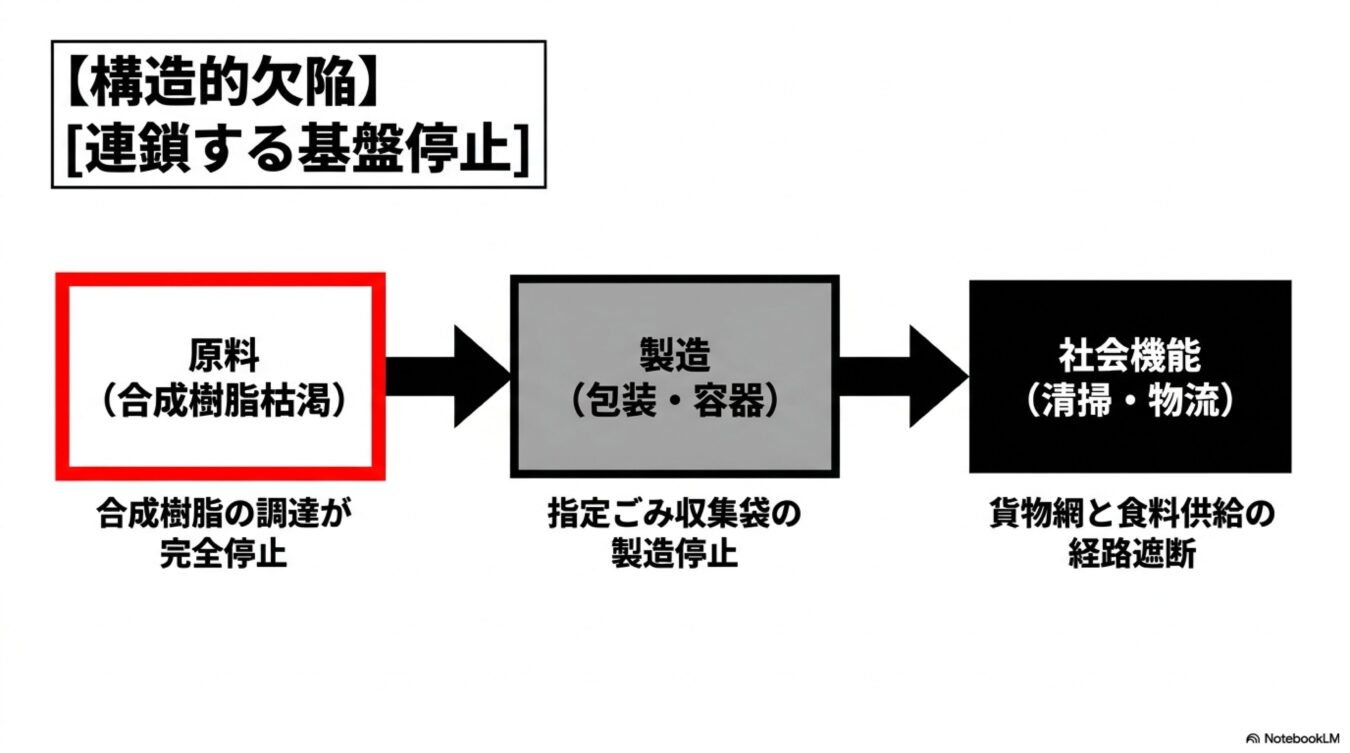 合成樹脂の枯渇により、容器製造から社会機能までが連鎖的に停止する構造的欠陥を示すフローチャート。