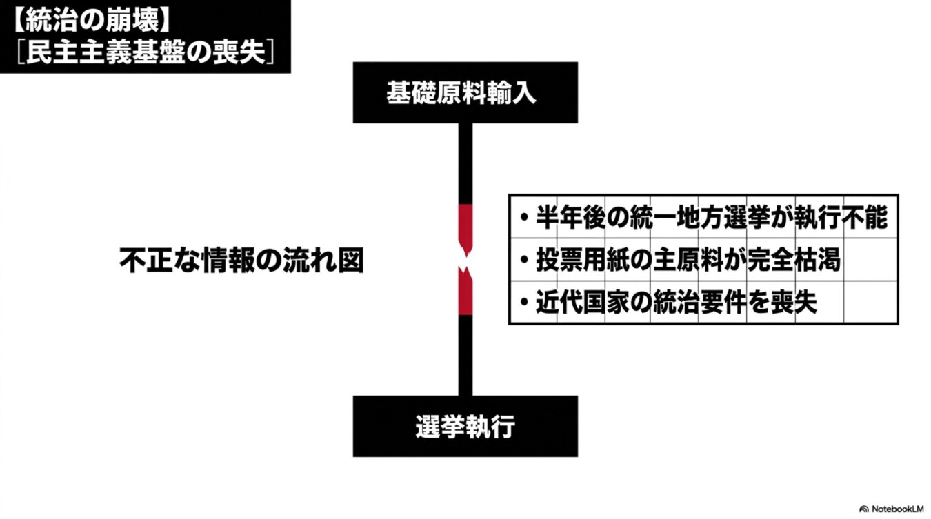 基礎原料輸入の途絶により投票用紙が確保できず、選挙執行が不可能となる民主主義基盤の喪失過程を示す概念図。