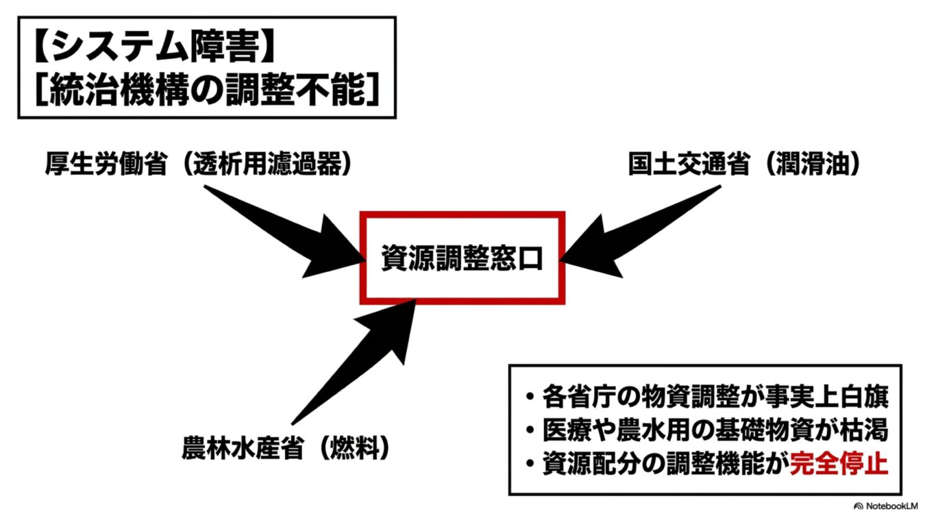 厚生労働省、国土交通省、農林水産省が各物資の調整に失敗し、資源調整窓口が機能不全に陥り、医療や農水用の基礎物資が枯渇している状況を示す図解。