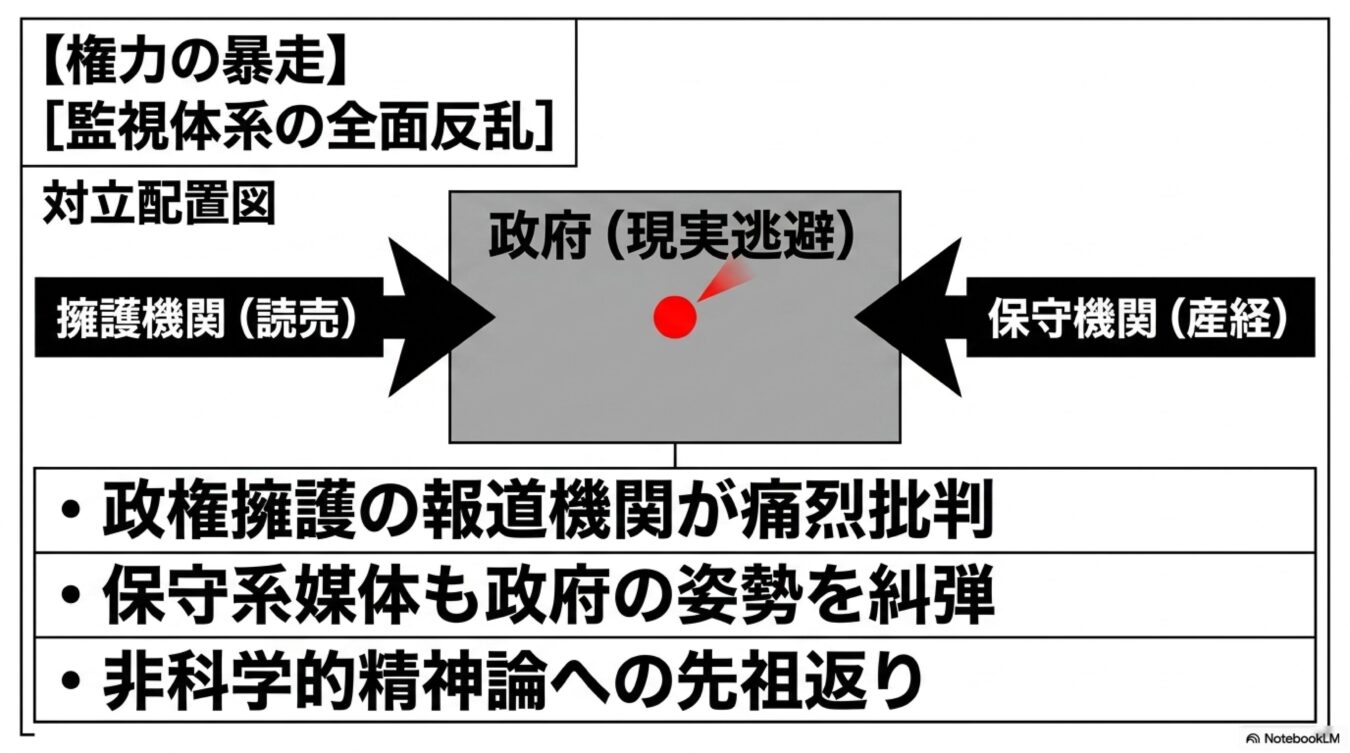 権力の暴走と監視体系の全面反乱をテーマに、政府の姿勢を擁護機関と保守機関の双方が批判する対立配置図。