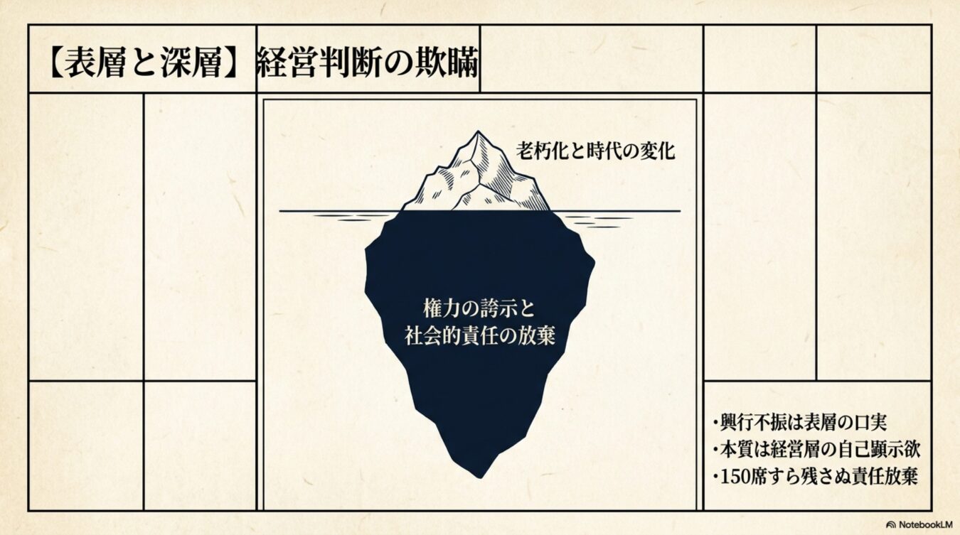 氷山を使い、経営判断の欺瞞を解説した図。老朽化と時代の変化という表層の影にある権力の誇示と社会的責任の放棄という深層の問題を示している。