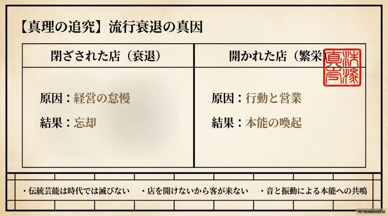 流行衰退の真因を分析する比較表。閉ざされた店は経営の怠慢により忘却へ、開かれた店は行動と営業により本能を喚起し繁栄するという対比構造を示している。