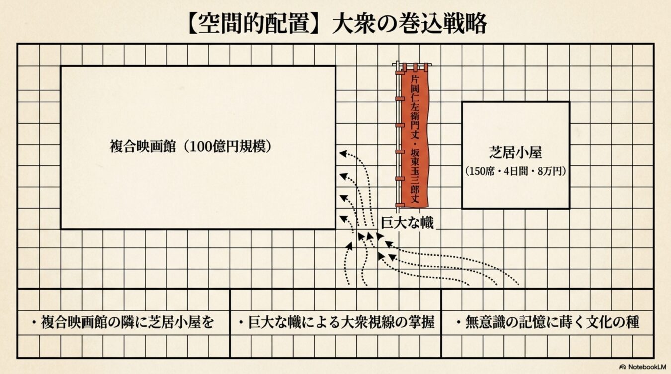 複合映画館の隣に芝居小屋と巨大な幟を配置し、通行人の視線を誘導して無意識に文化を根付かせる空間的配置による大衆の巻込戦略図。