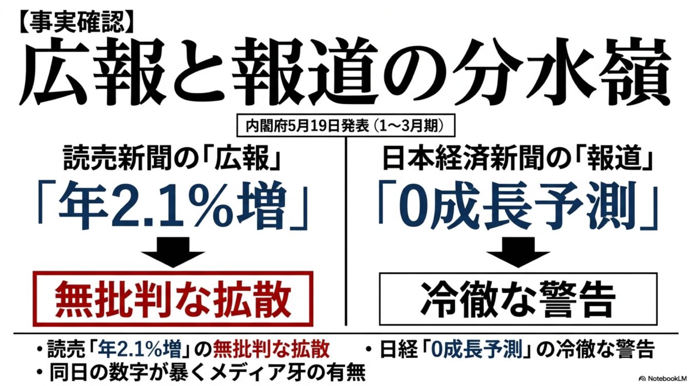 内閣府発表の経済数値に対し、読売新聞は2.1%増と広報的に報じ、日本経済新聞は0成長予測と冷徹な警告を発した対比図。