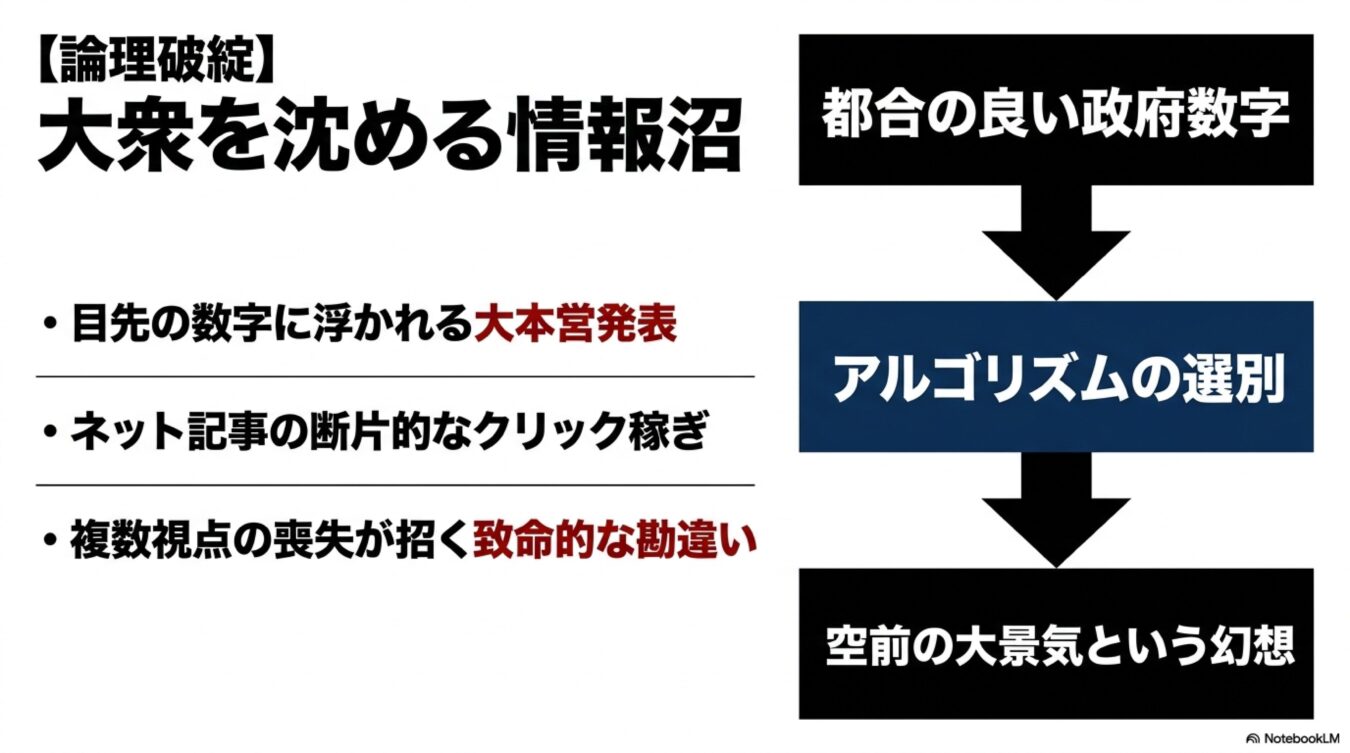 都合の良い政府数字がアルゴリズムで選別され、空前の大景気という幻想が広まる過程と、その背後にある情報社会の構造的問題を解説した図。