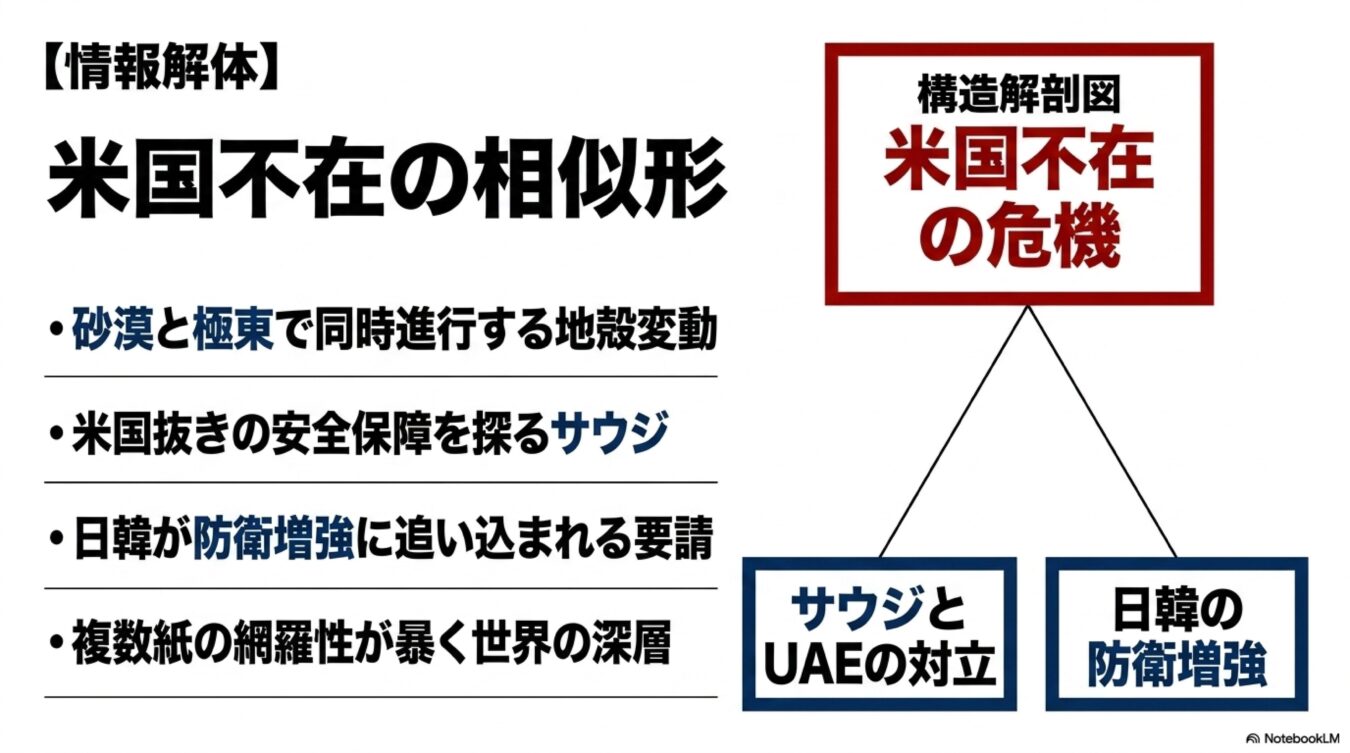 米国不在の相似形と題し、サウジアラビアの安全保障模索と日韓の防衛増強を軸に、米国が関与しない地政学的変動を構造的に解説した図。