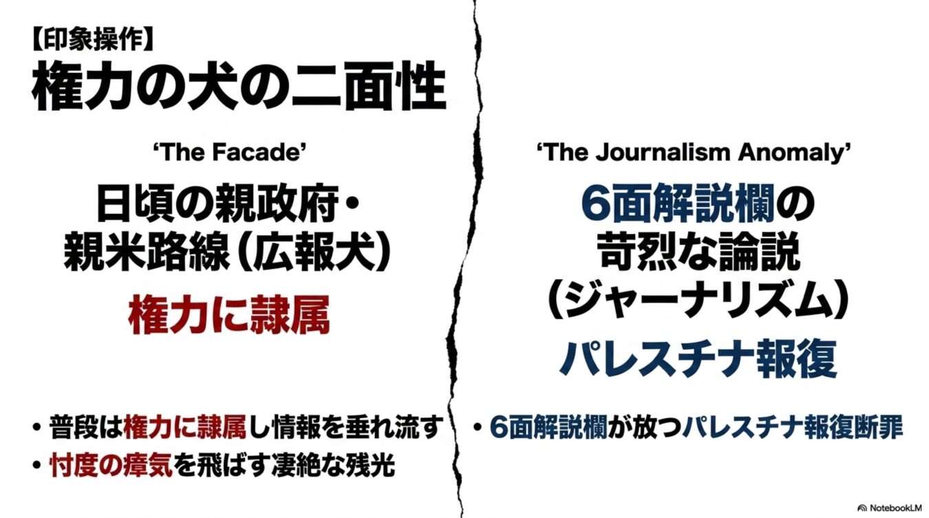権力の犬の二面性を対比させた図解。左側は親政府・親米路線の広報犬としての権力への隷属、右側は6面解説欄によるパレスチナ報復への苛烈な論説という、ジャーナリズムの矛盾を示している。