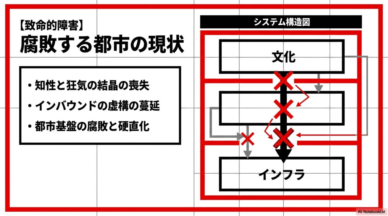 腐敗する都市の現状として、知性の喪失やインフラの機能不全を示す3つの課題と、それらが連鎖的に断絶している様子を表したシステム構造図。