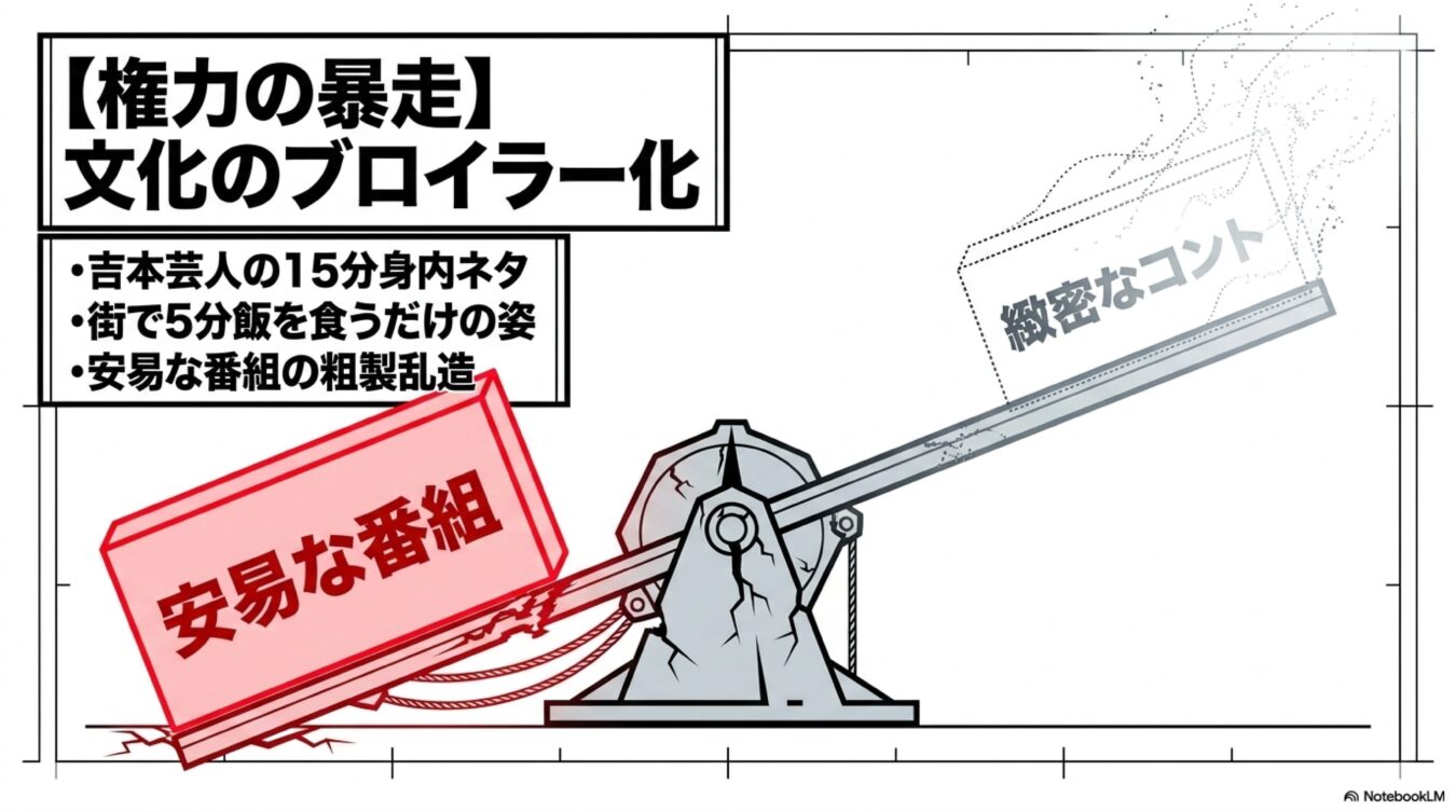 権力の暴走と文化のブロイラー化をテーマに、安易な番組制作が緻密なコント文化を駆逐する様子をシーソーで表現した図。